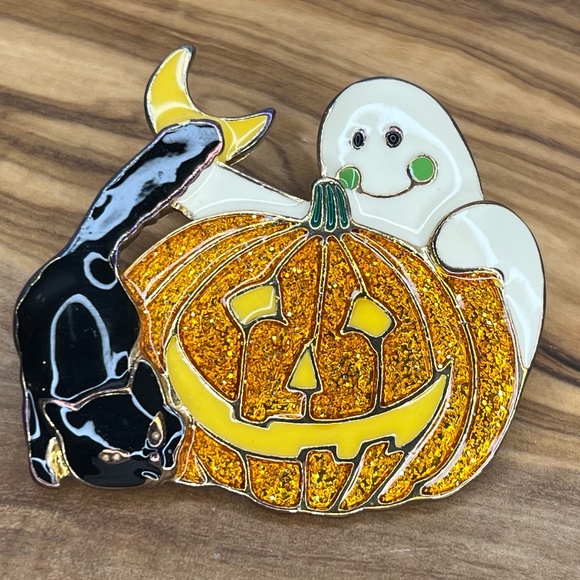 Vintage Enameled Halloween Brooch Pin 3 Ghost, Orange Pumpkin, Black Cat - Picture 1 of 6
